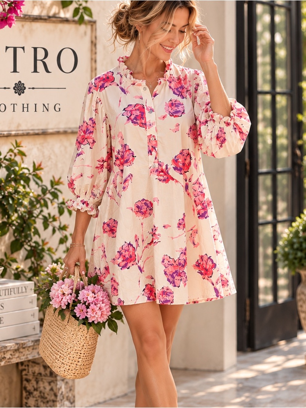 Entro Romantic Watercolor Floral Ruffle Puff Sleeve Cotton Mini Dress Size Small